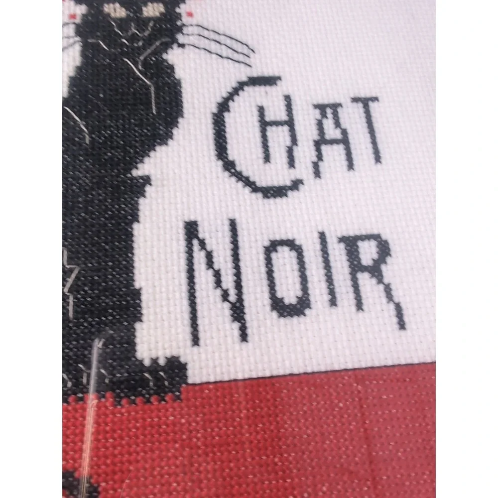 Mod Vintage Le Chat Noir Black Cat Framed/Matted Needlepoint Wall Art Handmade